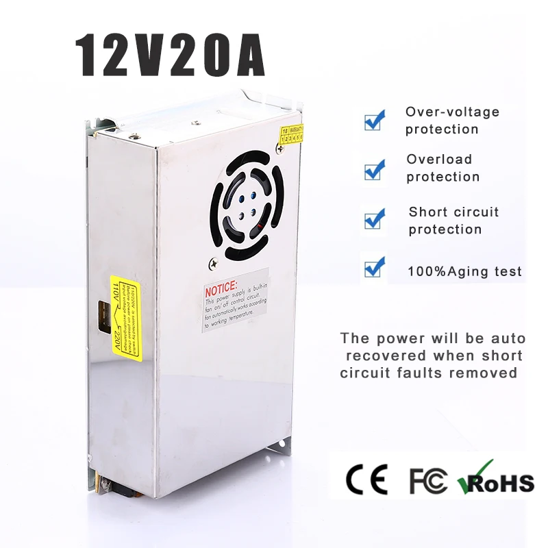 

AC100V-240V to DC 12V20A 240w Voltage Transformer Switch Power Supply for Led Strip Led control Led switch LED display with fan