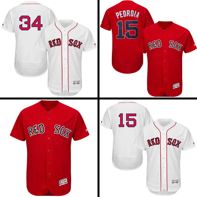 Мужская Дастин Pedroia #15 Дэвид Ортис #34 100% Прошитой Логотипы Белый Красный Flexbase