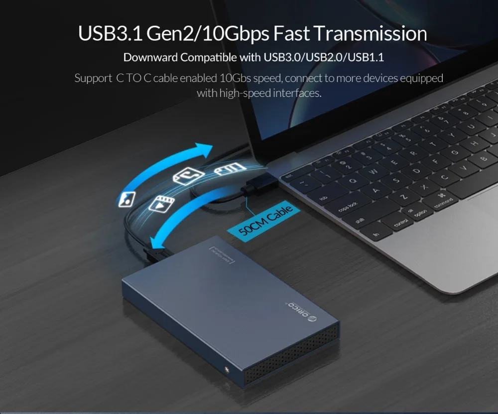 Чехол для жесткого диска ORICO 2,5 ''type-C из алюминиевого сплава USB3.1 Gen2 с поддержкой жесткого диска 7 мм и 9,5 мм с кабелем 50 см C-C
