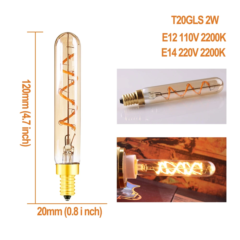T20GLS E12 E14 GANRILAND E14 E27 светодиодная лампа 110 V-240 V с регулируемой яркостью, светодиодный светильник накаливания, ультра теплый 2200K Золотой Эдисон, спиральные лампы, ампулы, светодиодные E27 - Испускаемый цвет: T20GLS E12 E14