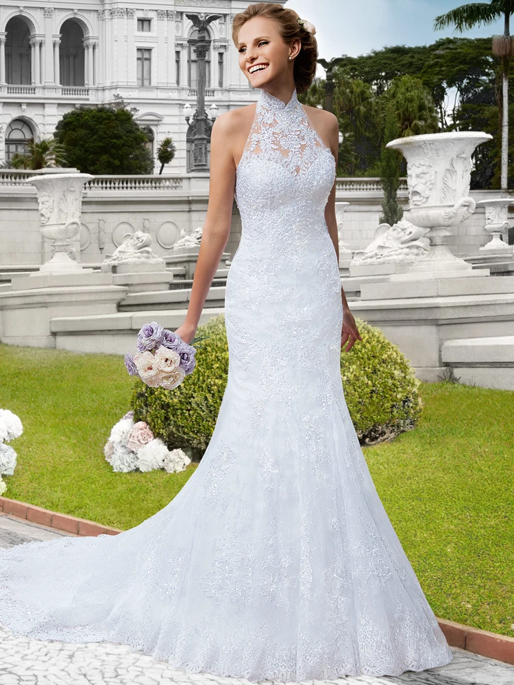 Роскошные Русалка Свадебные Платья Высокая Шея Кружево Суд Поезд Белый
