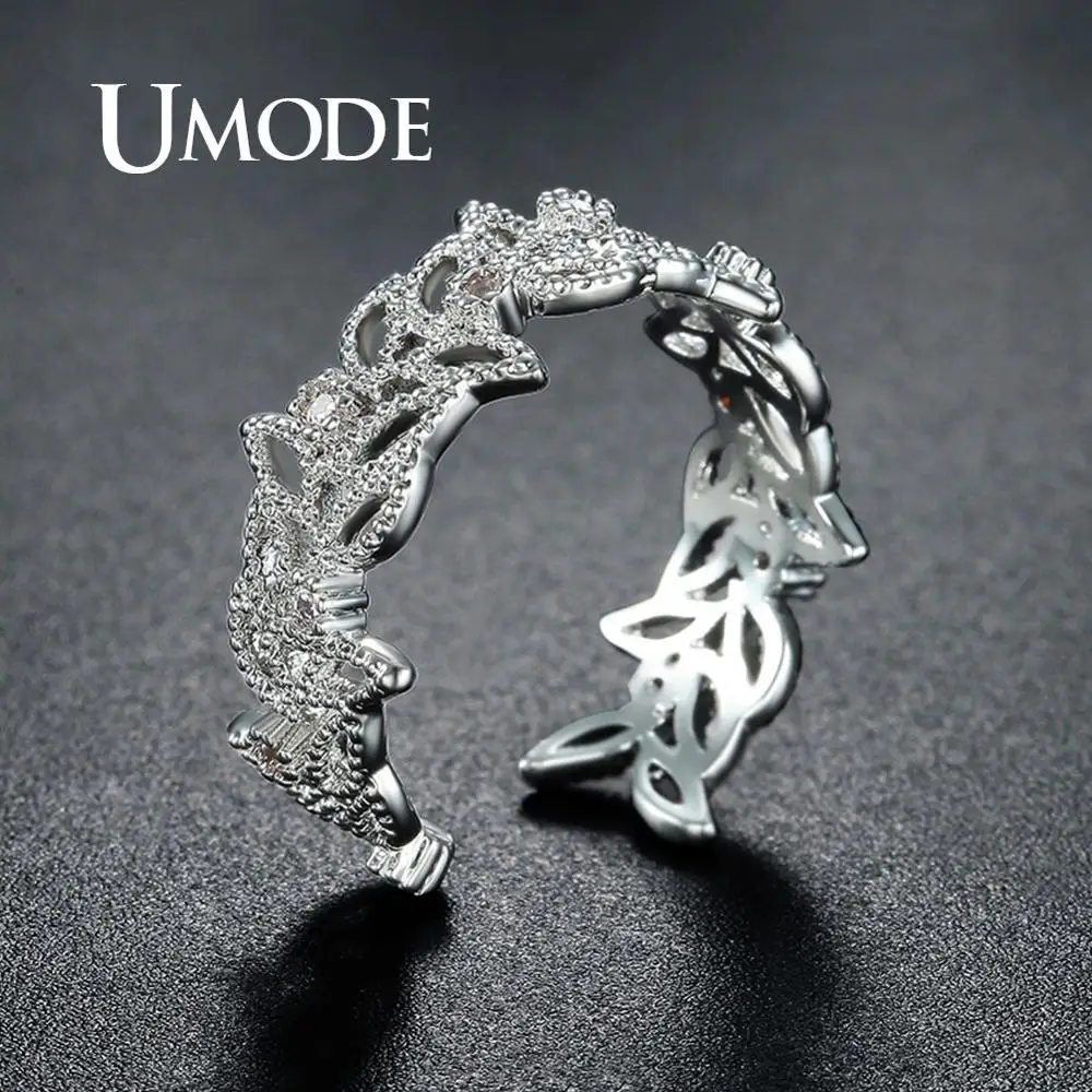 Женские регулируемые кольца UMODE открытые белого и золотого цвета с листьями