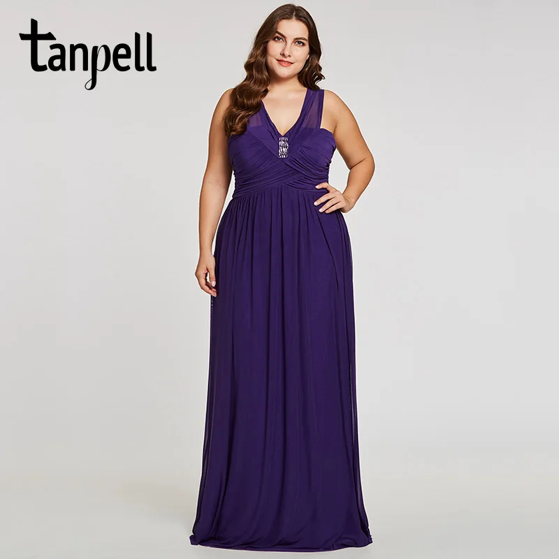 

Tanpell v neck long evening dress purple beaded cap sleeves floor length a line gown women new prom formal plus evening dresses