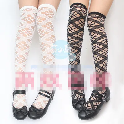 

Princess Sweet lolita stockings Japanese girl crystal glass knee-high bow fishnet stockings black white pink burgundy 68cm GXW01