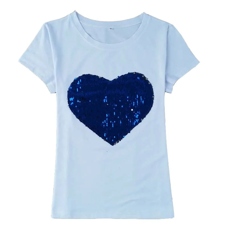Женская футболка с блестками голубой и красный цвет коротким рукавом дизайн в