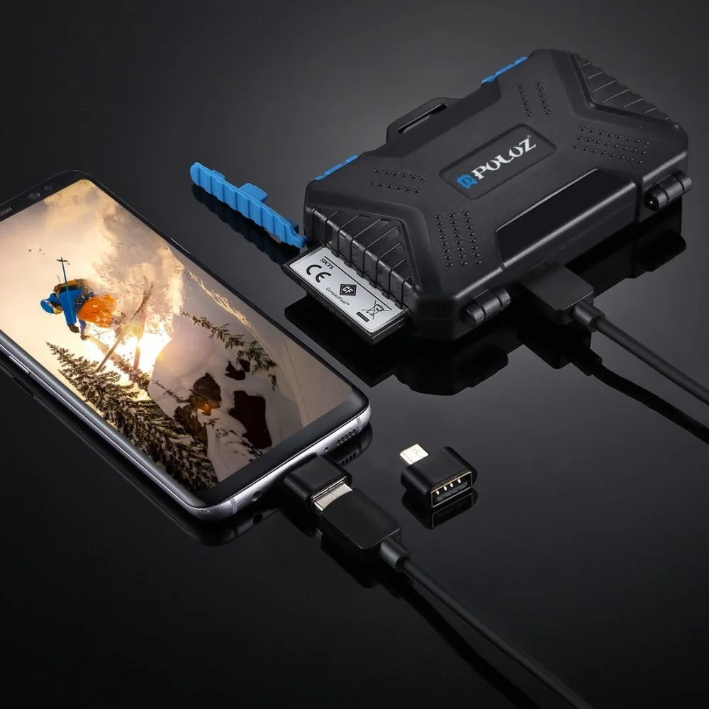 PULUZ Card Reader+22 in 1 Waterproof Memory /SD Case Storage Box for 1Standard SIM+2Micro-SIM+2Nano-SIM+7SD+6TF+1CARD PIN | Электроника