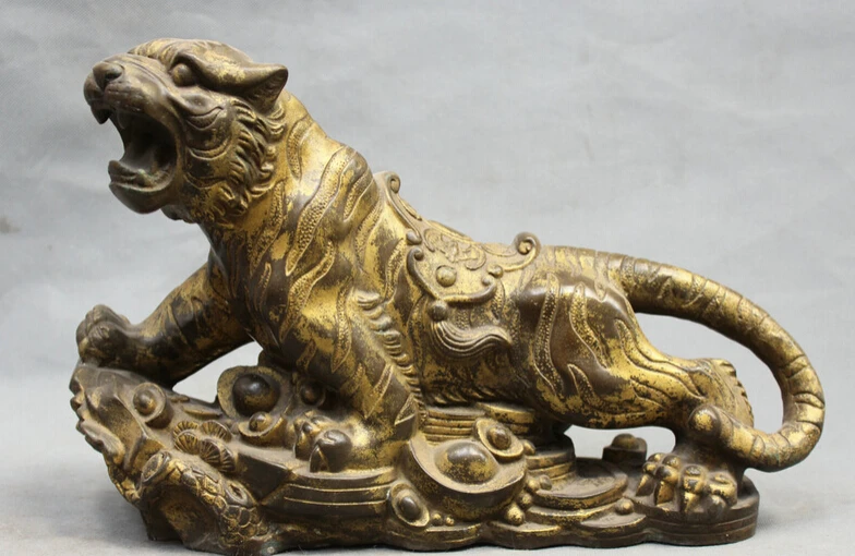 

xd 001517 13" Chinese Bronze Zodiac Year Tiger money wealthy Yuan Bao statue sculpture