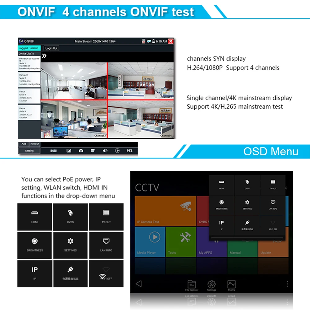 " 1080 P IPC камера CCTV тестер монитор Wifi TVI CVBS IP обнаружения камера тестер безопасности ONVIF видео камера