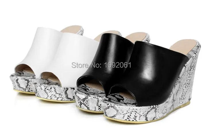 Summer 2014 fashion casual shoes comfortable slope sandals head layer cowhide snakeskin stria peep toe heels | Обувь