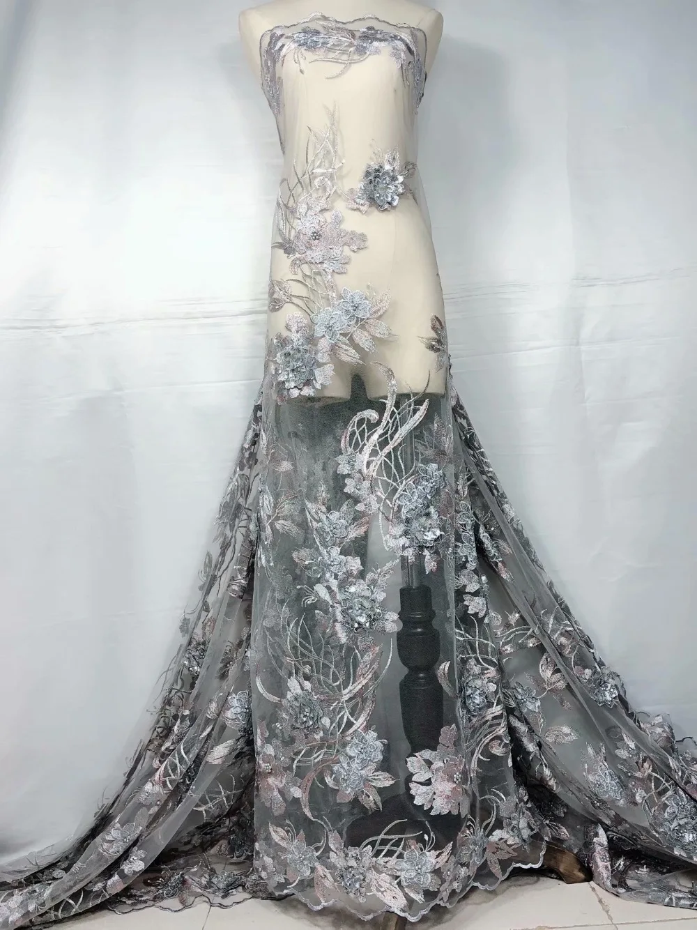 Кружевная ткань в африканском стиле кружевная с блестками и объемными цветами