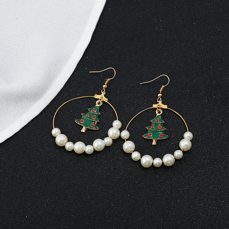 WNGMNGL Charm Statement Christmas Tree Imitation pearls Hollow Round long drop Earrings For Women 2018 Fashion Jewelry Gift | Украшения и
