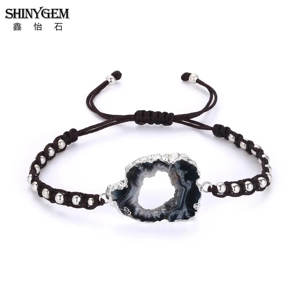 ShinyGem ручной работы Регулируемый черный коричневый натуральный браслет с агатами золото/серебряное покрытие большие бразильские Агаты браслеты с подвесками для женщин