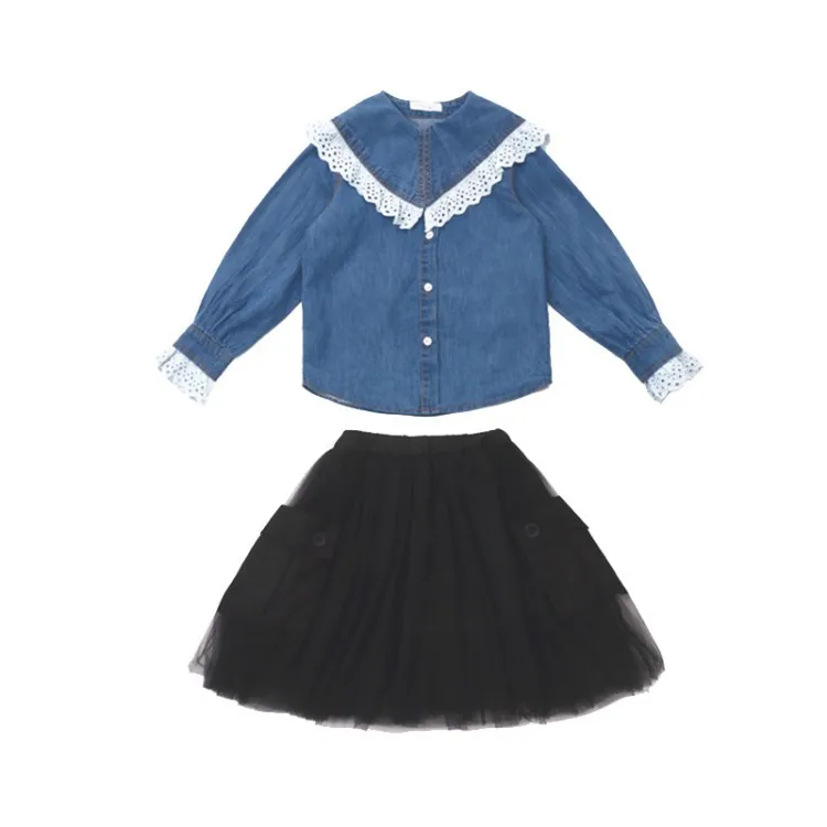 Модная детская одежда джинсовые рубашки для девочек + юбка с многослойной талией