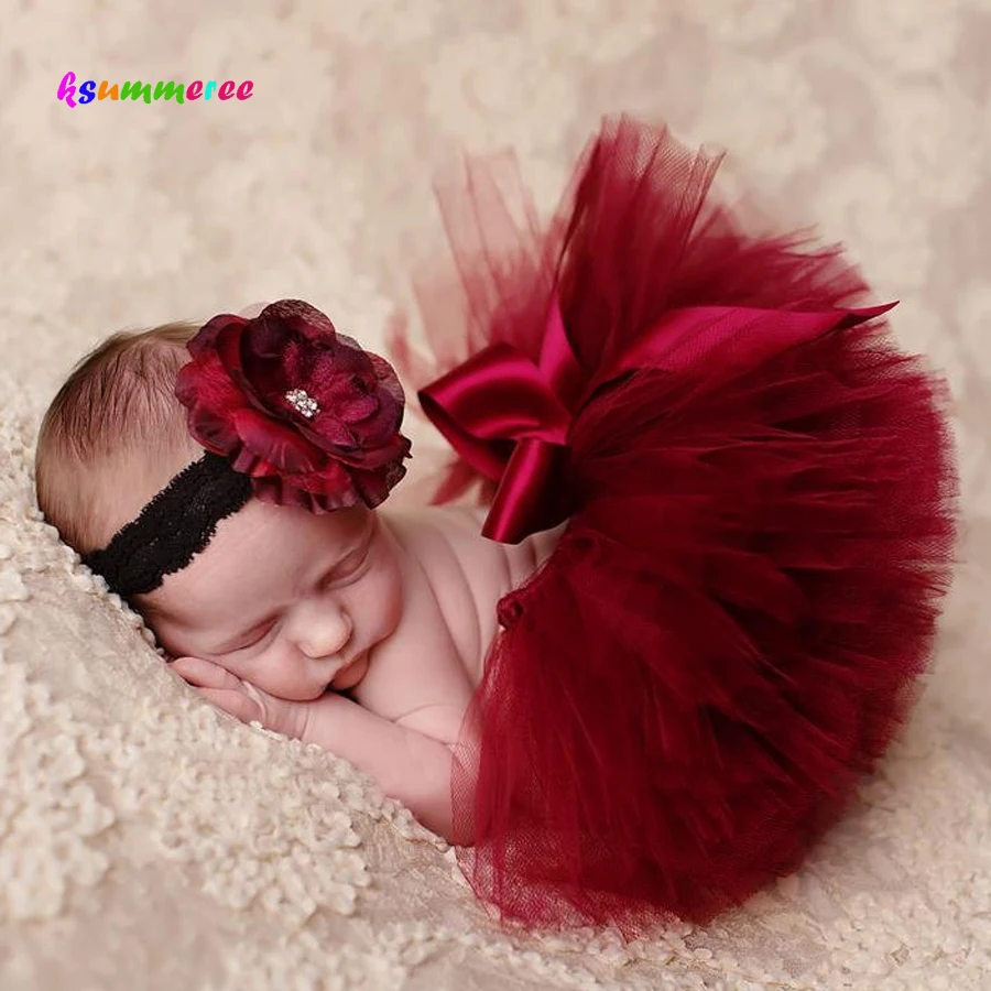 Ksummeree Princess Cranberry Tutu with Vintage Headband Newborn Photography Prop Christmas Tutu Skirt Baby Shower Gift TS078