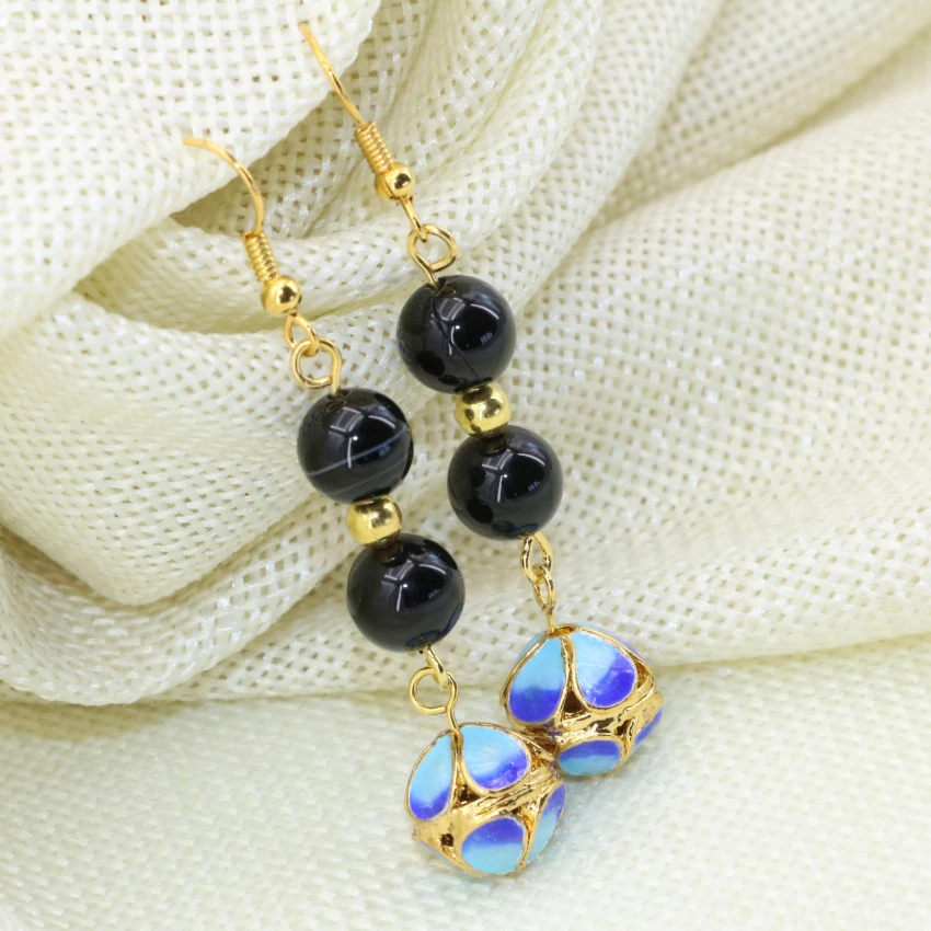 Модные оригинальные дизайнерские длинные висячие серьги золотого цвета, висячие серьги из перегородчатого черного камня и оникса для женщин, ювелирные изделия с подвесками B2639