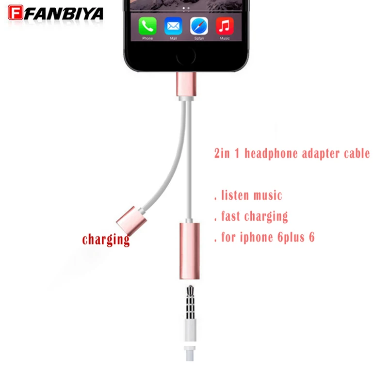 Fanbiya наушников Зарядное устройство 2in1 Кабель адаптер 3.5 мм Aux сплиттер для iPhone 6 6p 5s