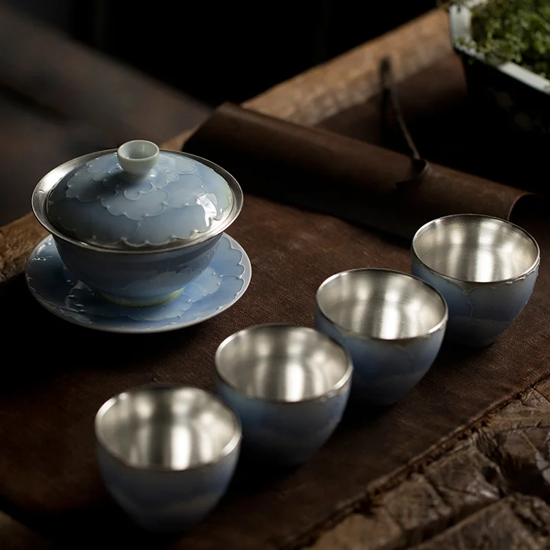 Blue tea sets TANGPIN Серебряный керамический чайный сервиз ручной работы Серебряный фарфоровый чайник gaiwan чайная чашка - Цвет: Blue tea sets