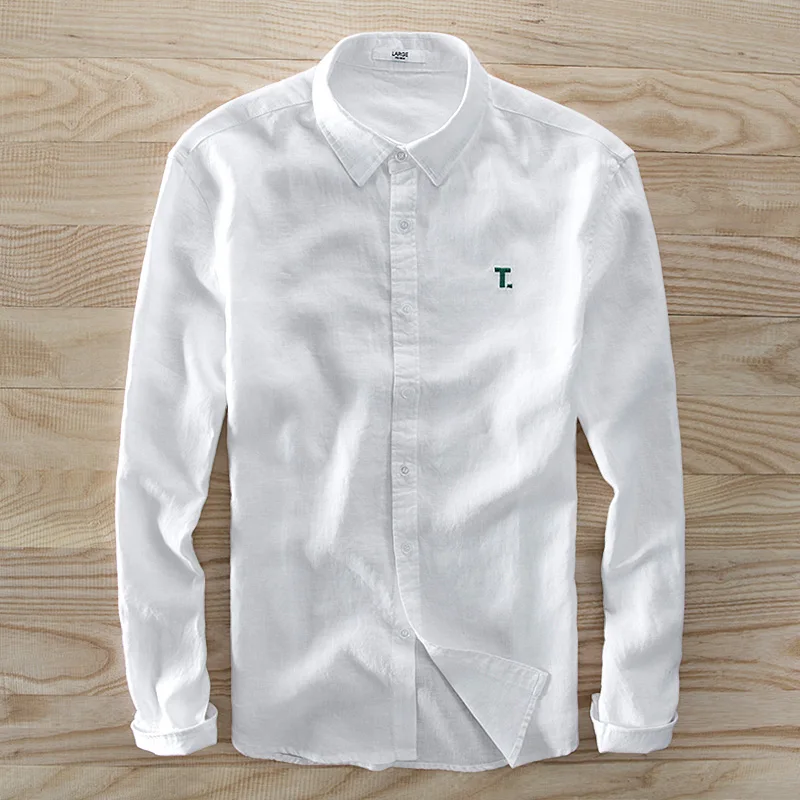 

Рубашка Мужская льняная однотонная, дизайнерская Повседневная сорочка, брендовая модная сорочка с длинным рукавом, белая