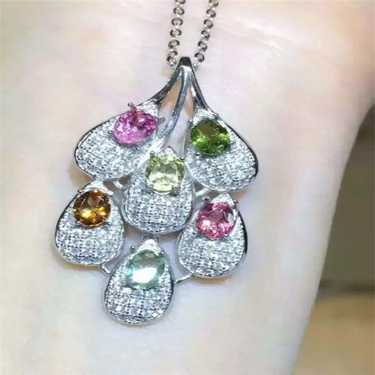 

KJJEAXCMY boutique jewels S925 silver natural crystal tourmaline small leaves a necklace pendant set jewelry chain to the box ch