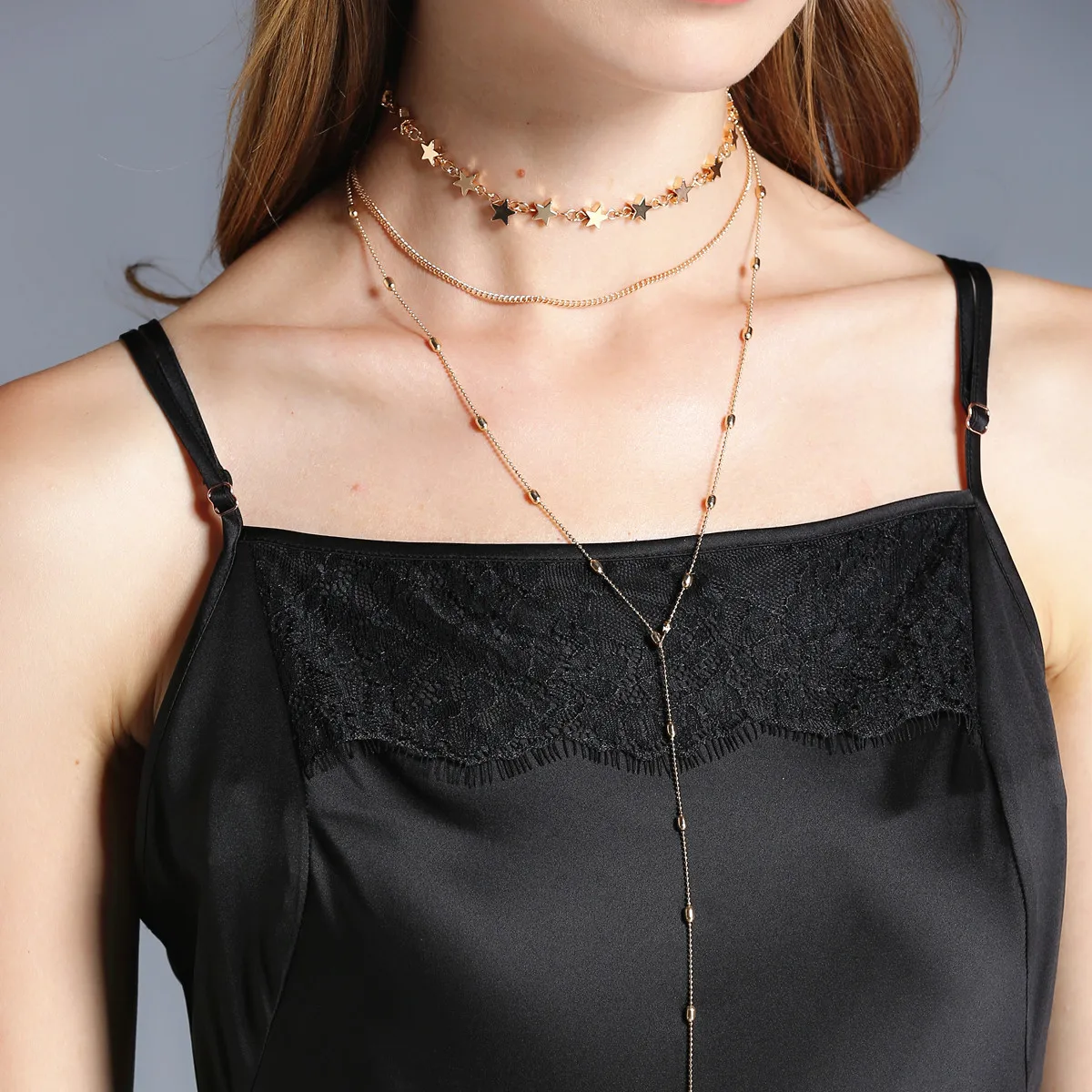 Горячая мода золотой цвет многослойные бусы кисточки Ожерелья Звезда Чокер