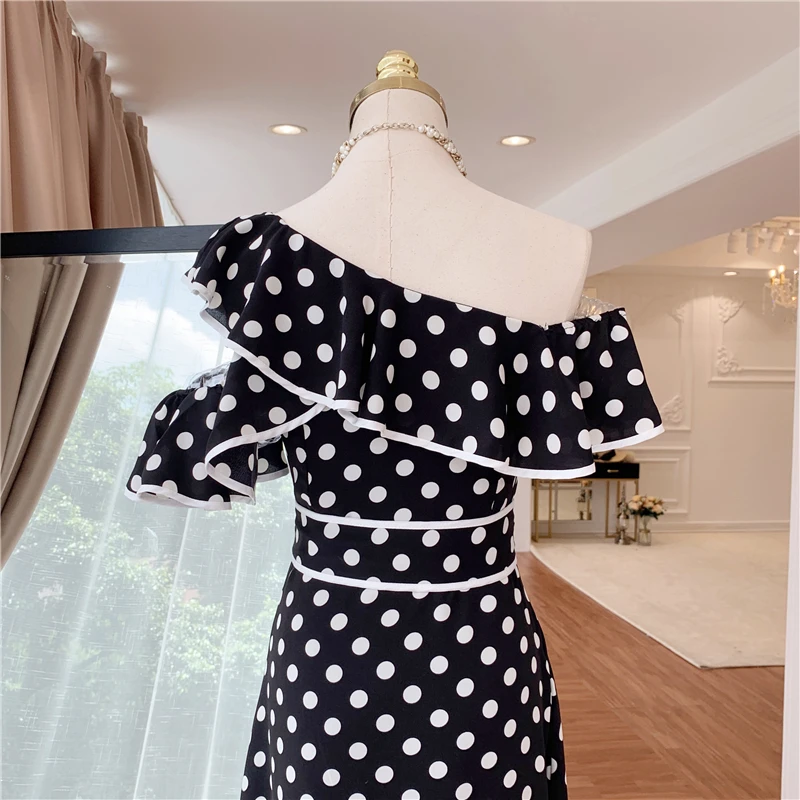 Высокое качество новинка 2019 дизайнерское платье женское в горошек с оборками