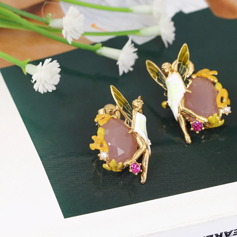 Франция Романтический Мода Ухо Гвоздь Эмаль Глазури Хрустальный Ангел Фея