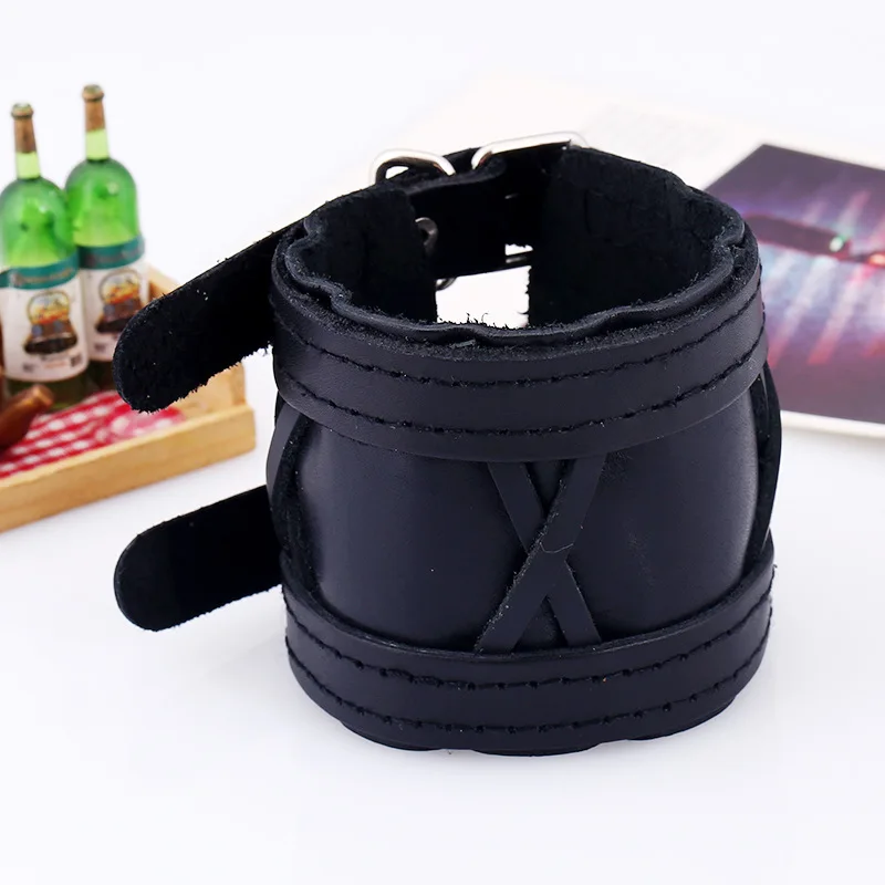 Винтажный Браслет из натуральной кожи с широкими манжетами черный браслет в