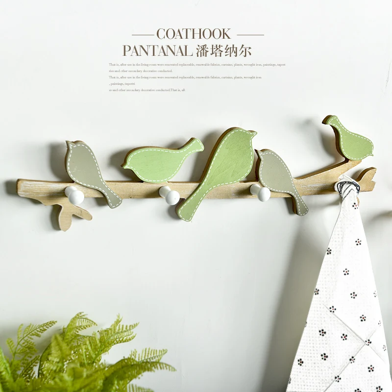 

Free Shipping! Pastoral Style Wooden Green Singing Bird Wall Hanger Creative Wall Hook for Kids Room Bird Hook Wall Decor