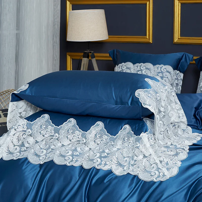 Luxury Solid Blue 120S Egyptian cotton Bedding set Queen King Noble Lace Royal Duvet cover Bed sheet Pillowcase 4/6pc Europe | Дом и сад