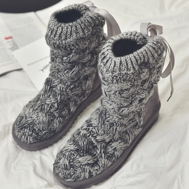 

Hot Sale Breathable Women Knitting Wool Winter Warm Ankle Boots Woman Lace Up Snow Boots Flat Heels High Top Cotton Shoes
