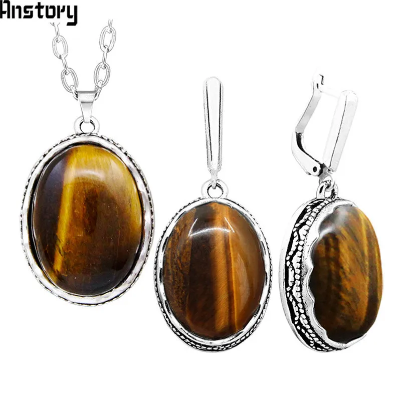 Small pendant Овальный Тигры глаз камень комплект ювелирных изделий Винтаж цветок кулон Цепочки и ожерелья Серьги Набор для Для женщин модные вечерние подарок - Окраска металла: Small pendant