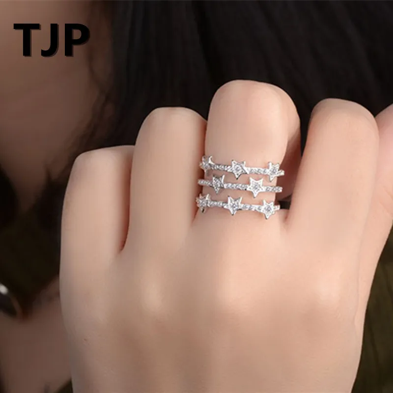 

TJP Gold Star Multi Layer Open Rings Silver Plated Women Wedding Rings Jewelry Clear Austrian Rhinestones Lady Accessory