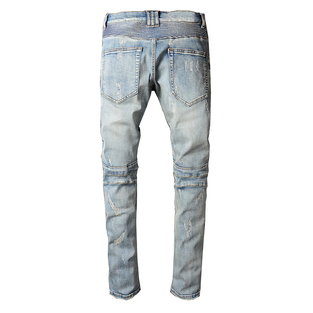 Sokotoo Men's vintage light blue holes ripped biker jeans for motorcycle Casual pleated torn stretch denim slim pants | Мужская