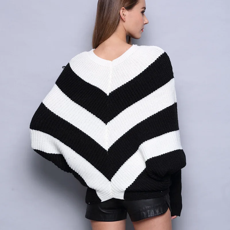 

Sweater Women Wool Flat Knitted Real Poncho Feminino 2018 Autumn Clothing New Pattern Stripe Sweater Joker Bat Shirt