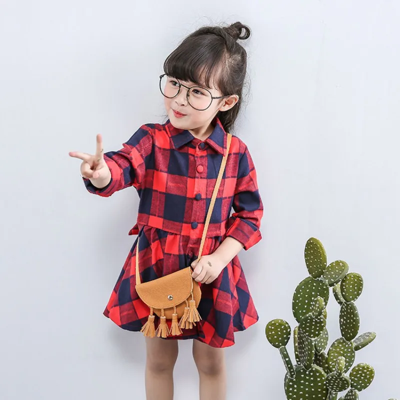 Детское клетчатое платье для девочек хлопковый костюм с длинным рукавом одежда