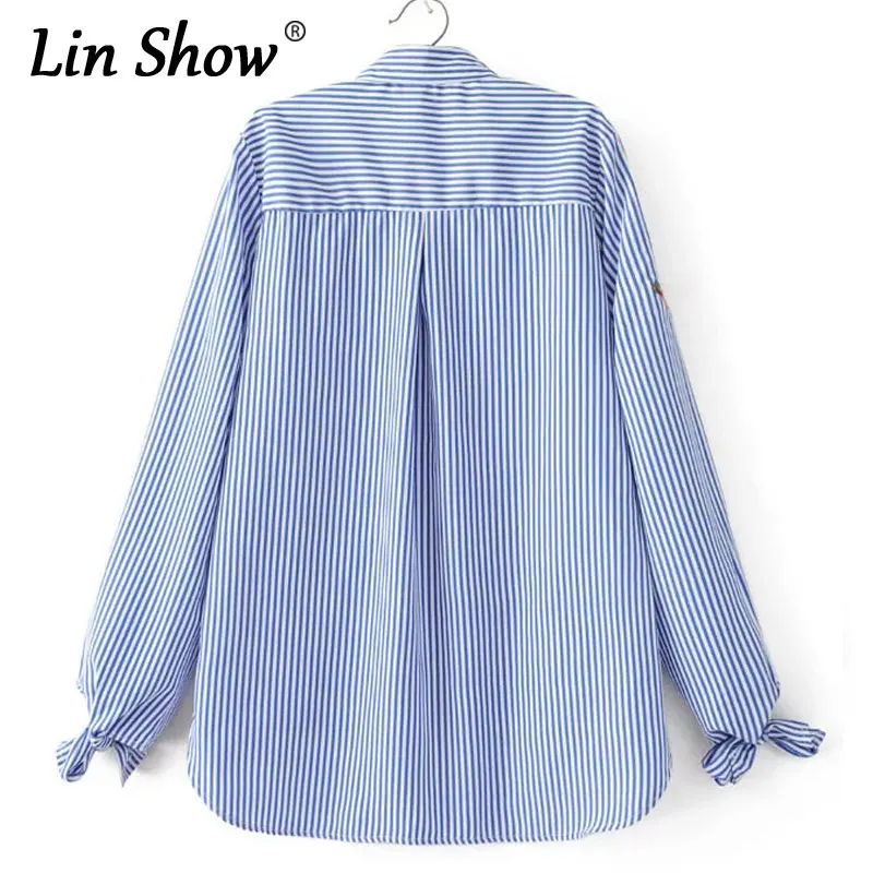 LINSHOW Дизайн Лук С Длинным Рукавом в Полоску Женщины Блузки Цветочной Вышивкой