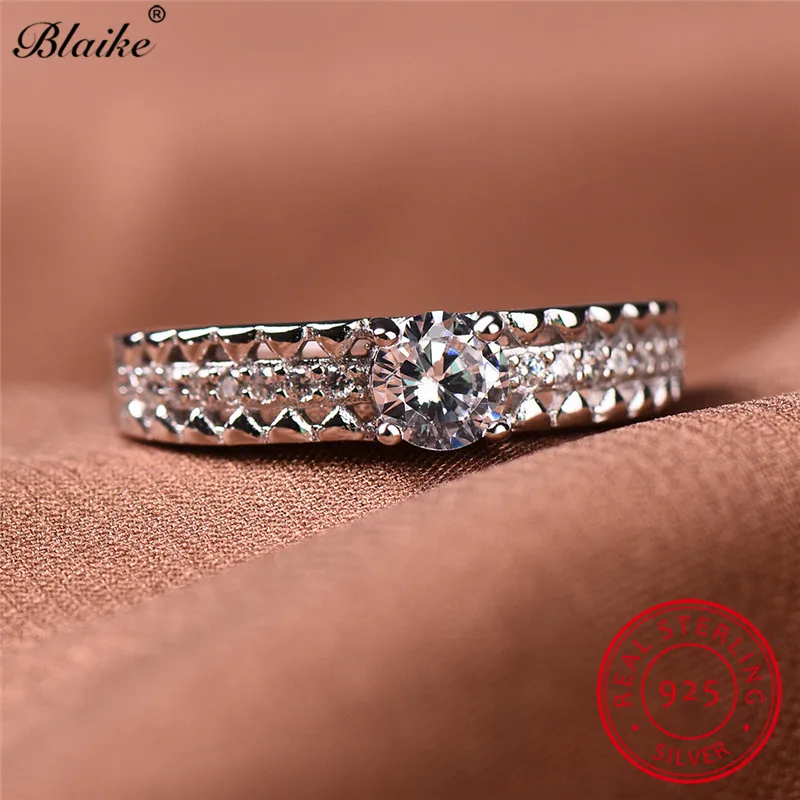 Blaike 925 Серебряные кольца для женщин круглый белый алмаз камень Обручальное