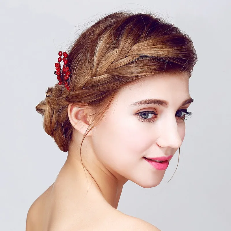 Dower me Red Crystal Hair Vine Wedding Pins Accessories Handmade Floral Bridal Headpiece Women Jewelry Clip | Украшения и