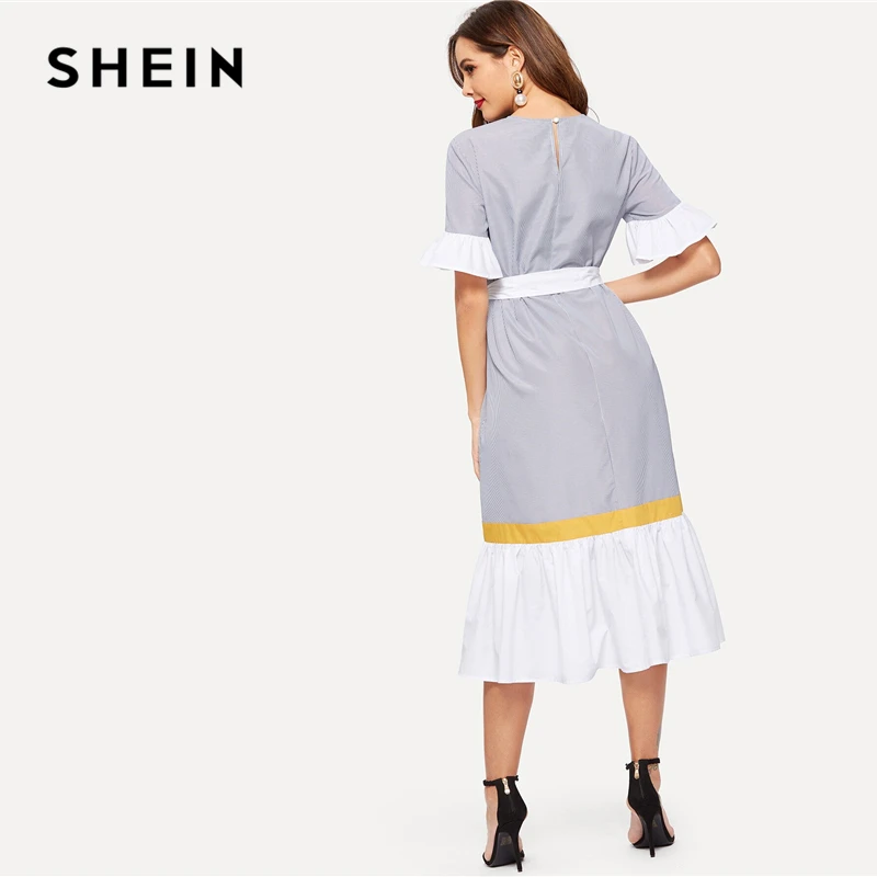 SHEIN модное платье в полоску с оборкой и цветным поясом,, Boho, весна-лето, короткое платье с воланом, рукав, туника, цельнокроеное женское платье