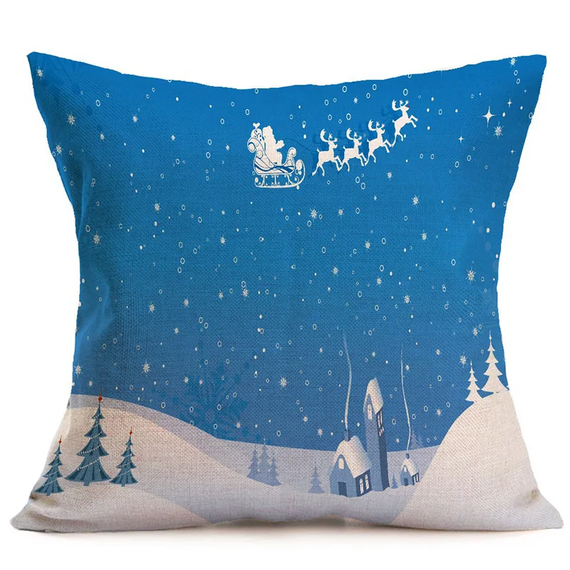 Comwarm Christmas Night Blue Series Pillow Cover Linen Cotton Sleeping Travel Santa Claus Snowman Pillowcase Decorative Home | Дом и сад