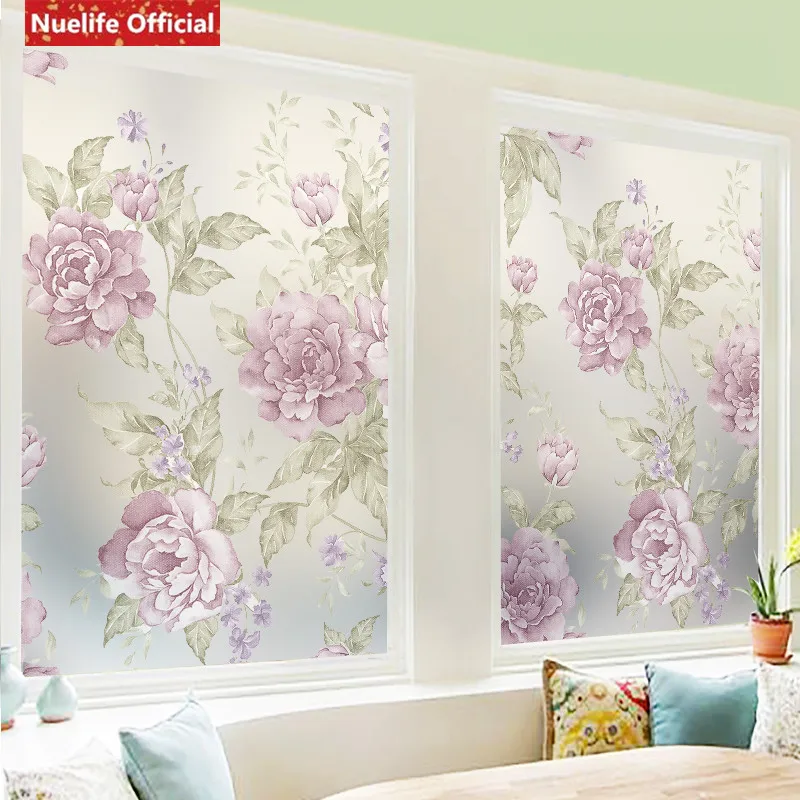 European color peony pattern electrostatic frosted glass film living room bedroom wedding sliding door wardrobe | Дом и сад