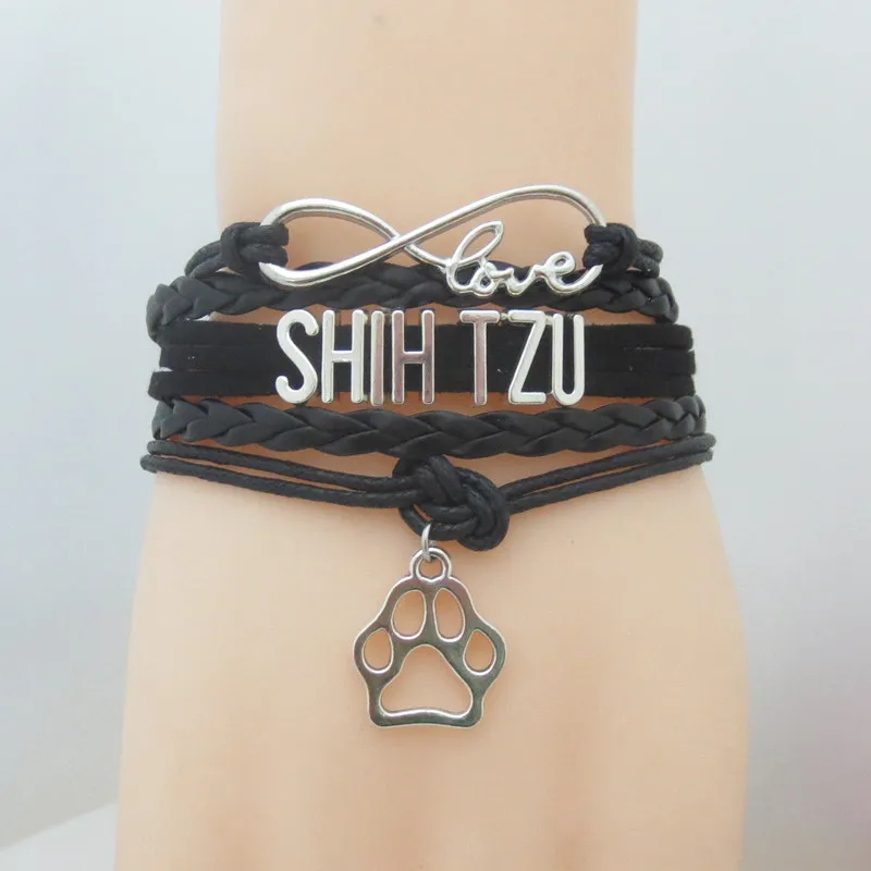 Модный браслет Love SHIH TZU подвеска собачья лапа кожаные браслеты черный SHIHTZU