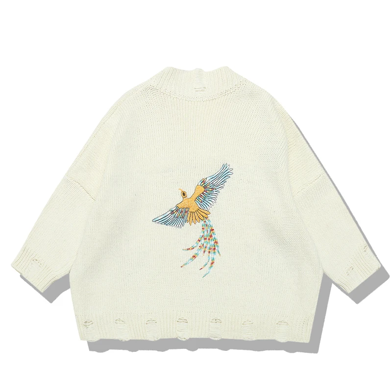 PERHAPS U Sweater Knitted Embroidery Bird Long Sleeve Yellow Beige Blue Single Breasted Cardigans V Neck Autumn New M0123 Hole |