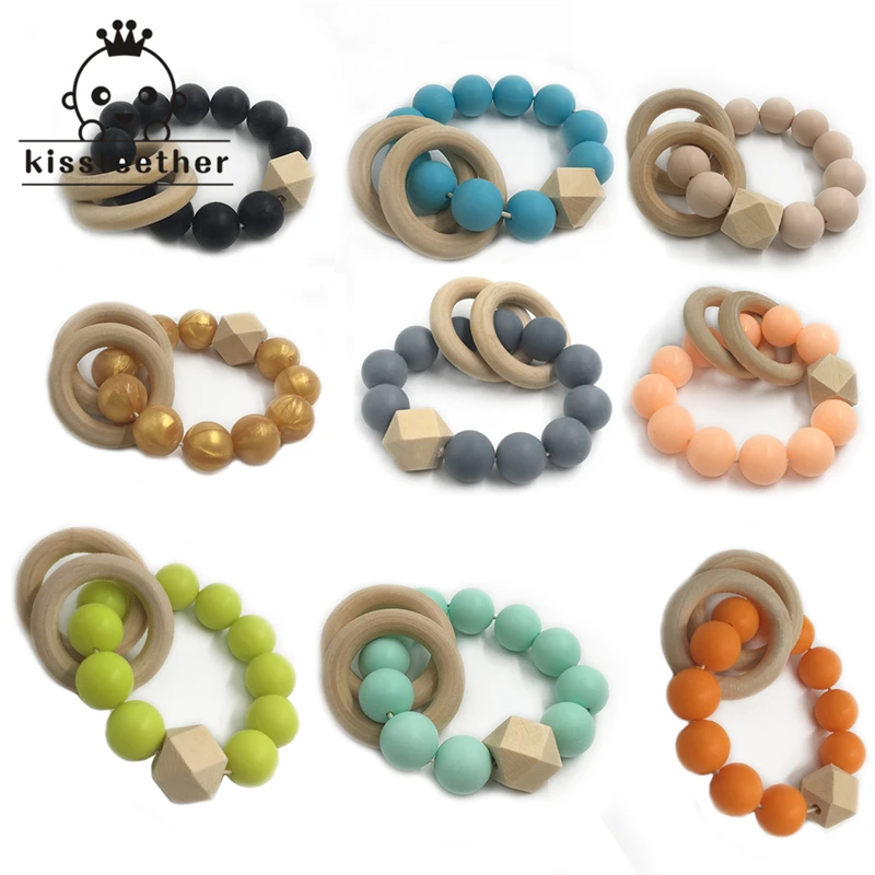 Mordedor de silicona hecho a mano para beb&eacute;, cuentas de silicona para lactancia, dentici&oacute;n, anillo de madera con pulsera, elefante de madera, 2 uds.-0