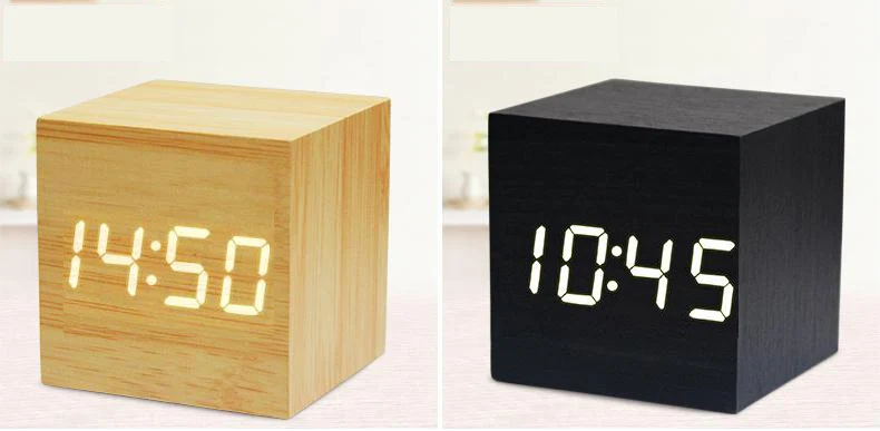 Mini Cube Wooden Clock Voice Control Electronic Table Clock LED Digital Desk Watch Nixie Radio For Children Bedside Alarm Clock