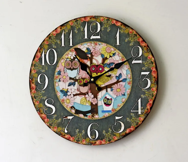 Красочный цветочный Сова узор Дизайн деревянные настенные часы 35 см круглые