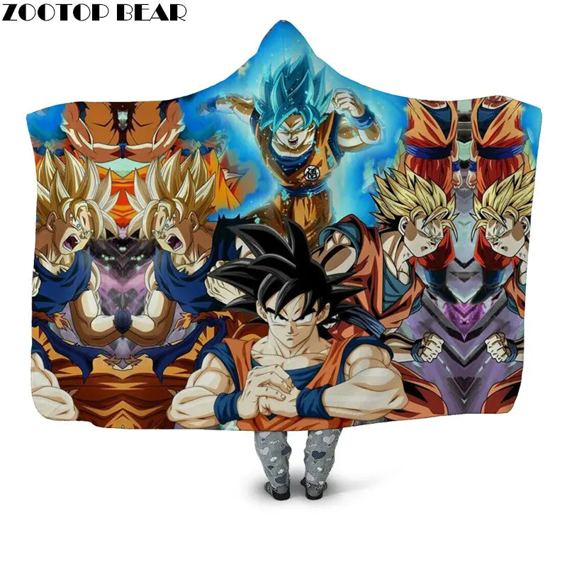 HBKH1245 Blue Anime Hooded Blanket 3D Print Sherpa Blanket Fashion Travel Youth Outlet Plush Throw Wearable Fleece Blanket Dragon Ball - Цвет: HBKH1245