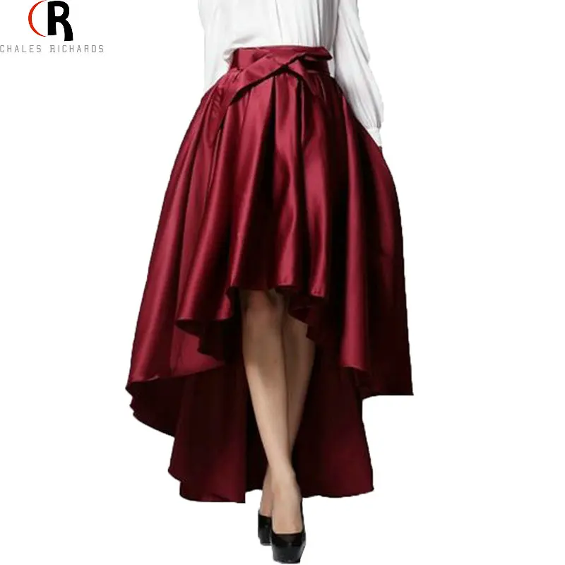 Темно Красная Черный Юбка С Завышенной Талией Бантом Разной Длины Подол А Линии