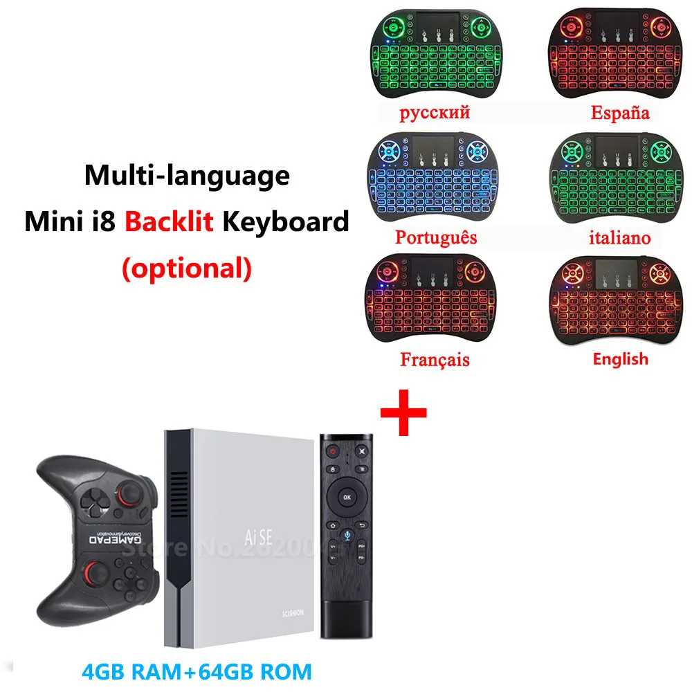 AI SE add i8 backlit AI SE DDR4 4 ГБ ОЗУ 64 Гб ПЗУ RK3399 Смарт Android 7,1 ТВ приставка 2,4G 5G WiFi Bluetooth Игровая приставка с геймпадом 4K HD медиаплеер - Цвет: AI SE add i8 backlit