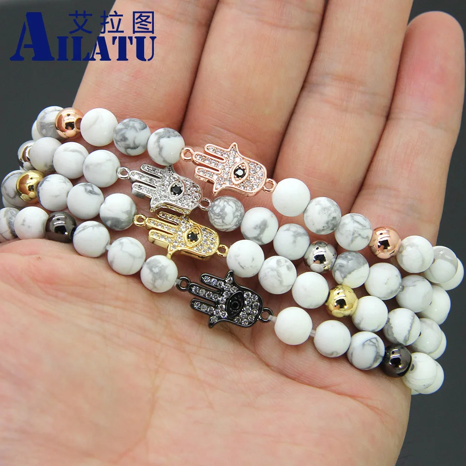 Ailatu 6 мм белые мраморные бусины Howlite с микрозакрепкой фианитами Hamsa браслет